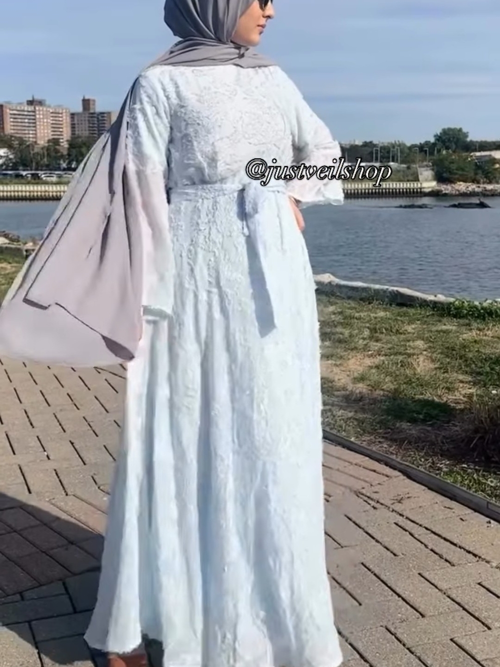 Light Blue Lace Modest Maxi Dress with Tie Waist
